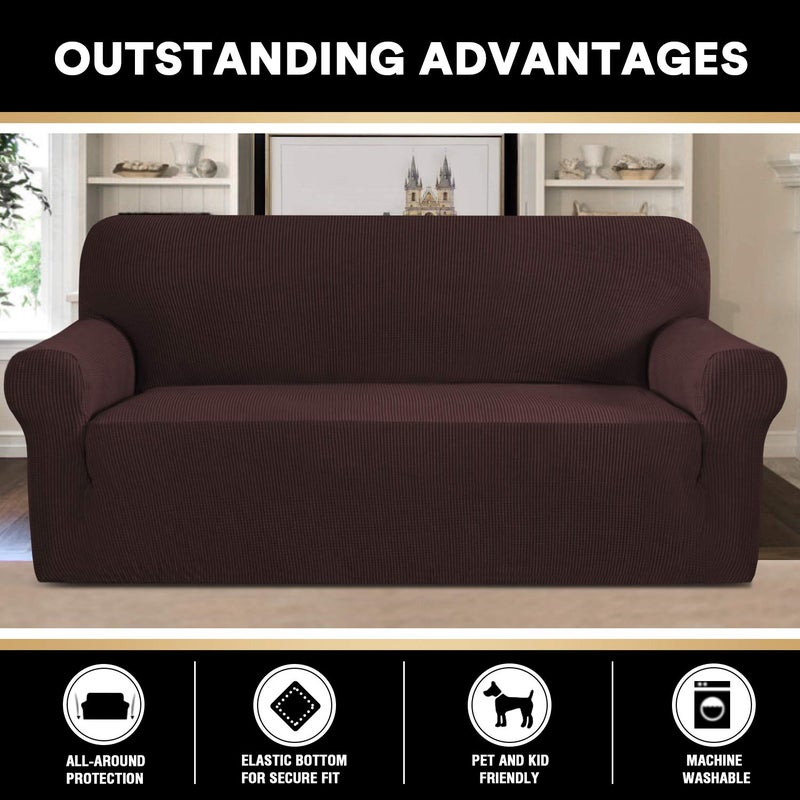 PrinceDeco Stretch Sofa Cover Slipcover Couch Covers for 3 Cushion Couch Furniture Protector Sofa Covers with Non Slip Elastic Bottom Dogs Pet Friendly Fitted (Sofa, Brown) - Image 5